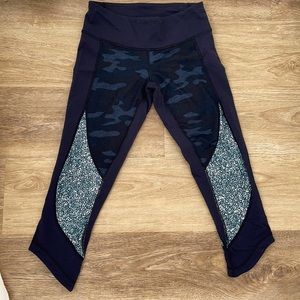 Blue lululemon pants with camo detail.
